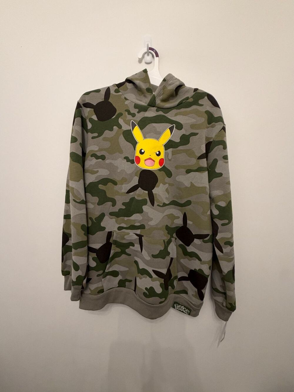 Pokemon Pikachu Camo Print Hoodie XL Green & Gray Pullover Sweatshirt With Pocke